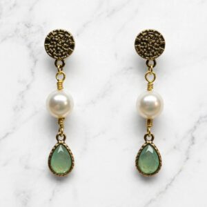 Aros trio dorado verde con perla