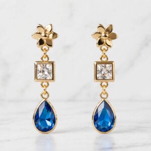 Aros trio dorado y cristal azul