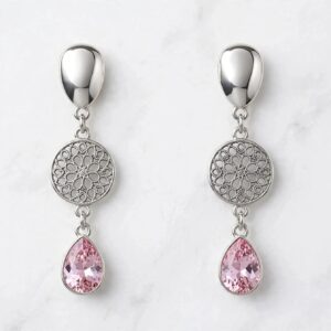 Aros trío plateados con cristal rosado